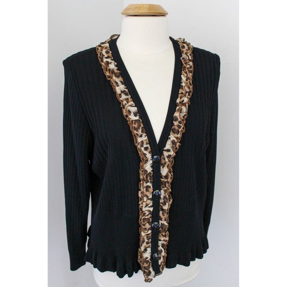 Exclusively Misook Cardigan XL Black Ribbed Knit Leopard Trim Button Long Sleeve - Picture 1 of 8